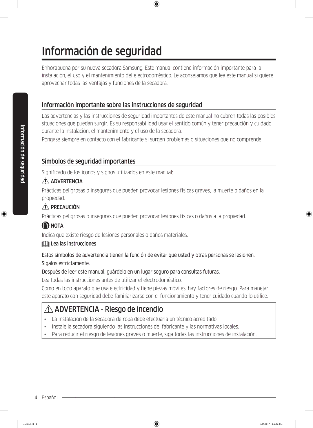 Samsung DV80M5010IW/EC manual Información de seguridad, Información importante sobre las instrucciones de seguridad 