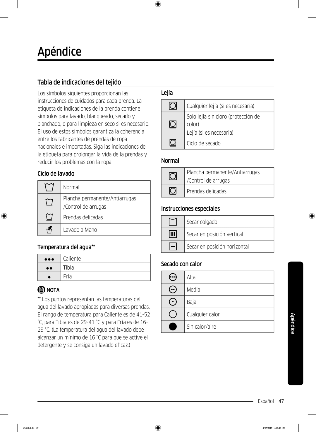 Samsung DV80M5010QW/EC, DV80M5010IW/EC manual Apéndice, Tabla de indicaciones del tejido 