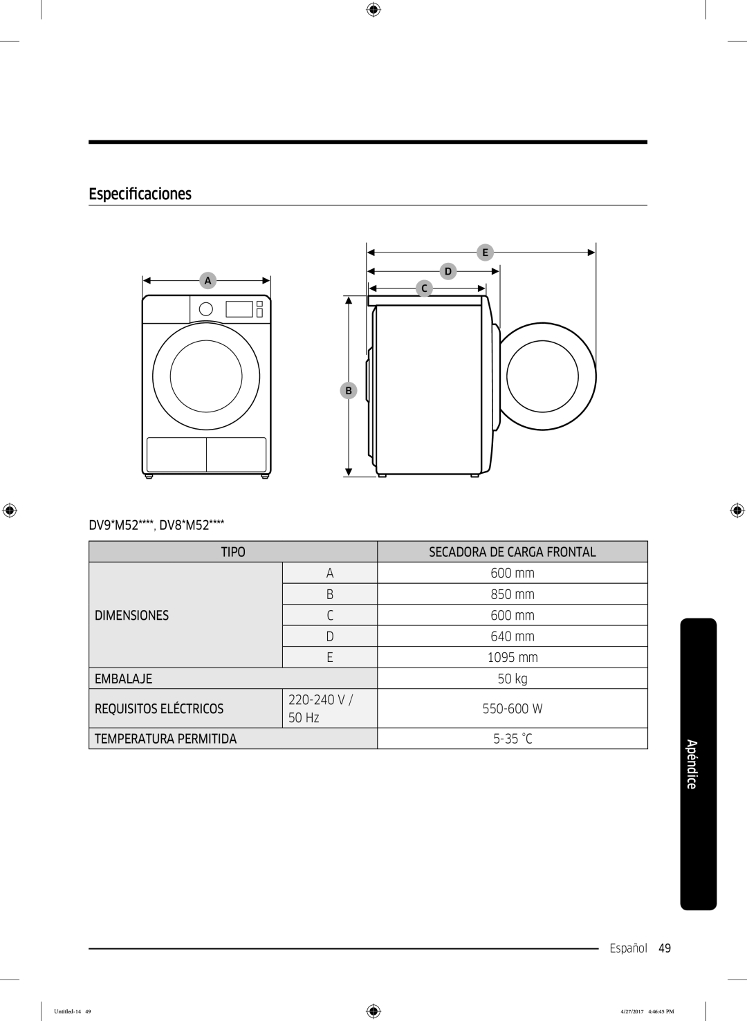 Samsung DV80M5010QW/EC, DV80M5010IW/EC manual Especificaciones 