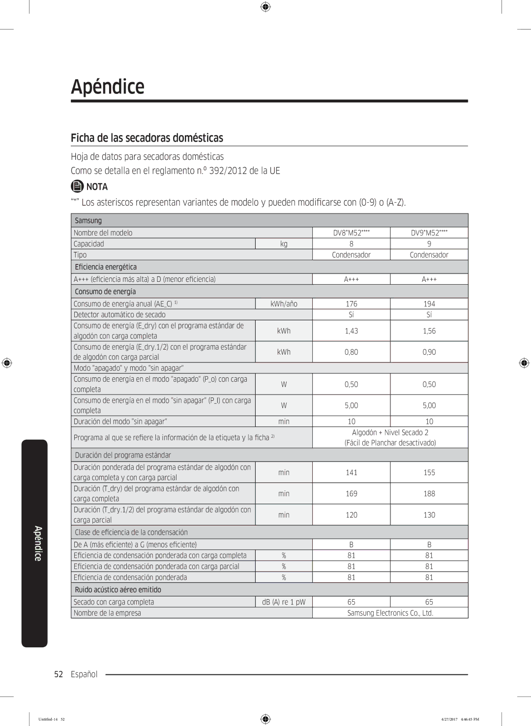 Samsung DV80M5010IW/EC, DV80M5010QW/EC manual Ficha de las secadoras domésticas 