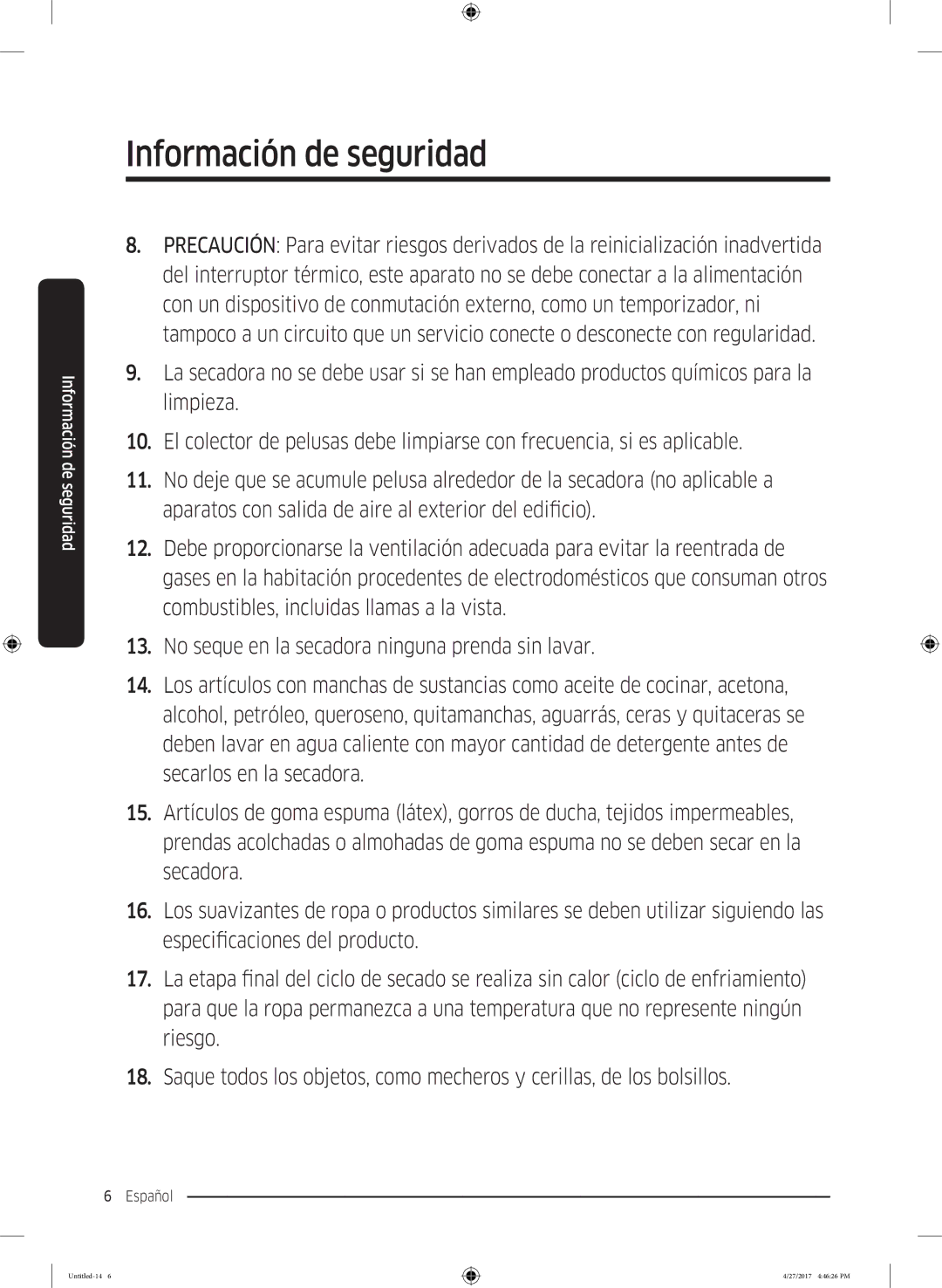 Samsung DV80M5010IW/EC, DV80M5010QW/EC manual Información de seguridad 