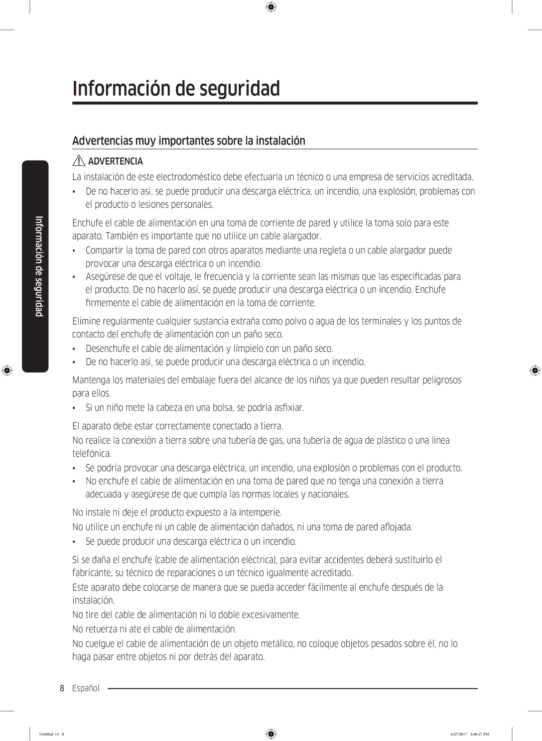 Samsung DV80M5010IW/EC, DV80M5010QW/EC manual Advertencias muy importantes sobre la instalación 