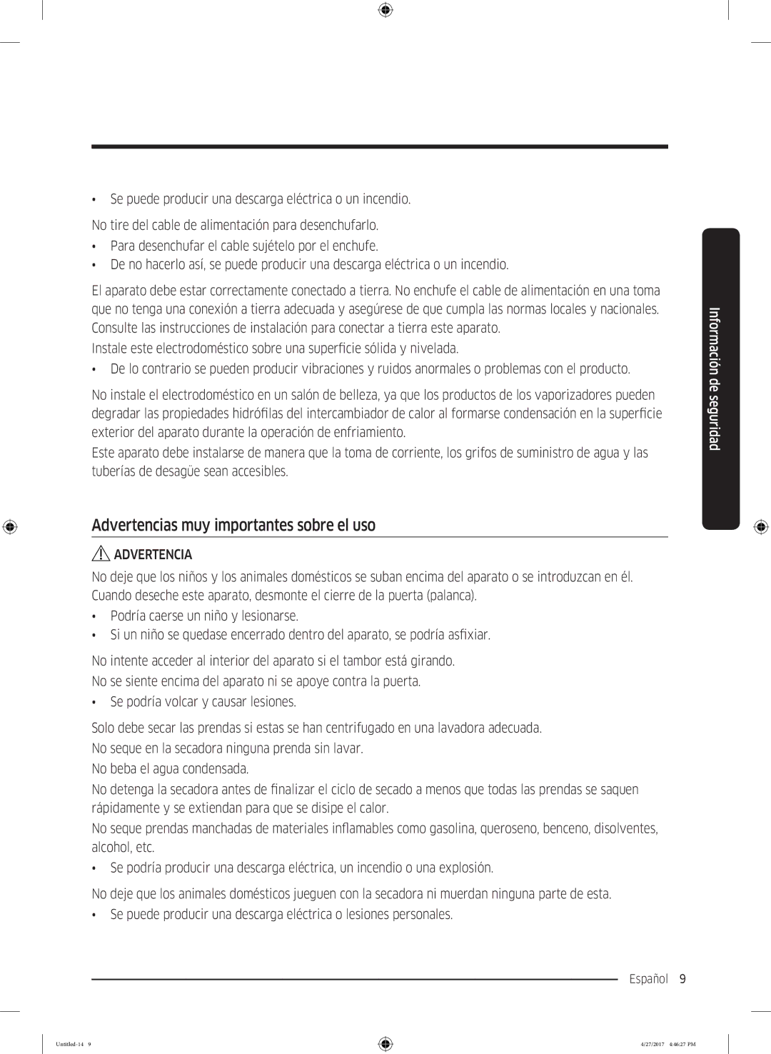 Samsung DV80M5010QW/EC, DV80M5010IW/EC manual Advertencias muy importantes sobre el uso 