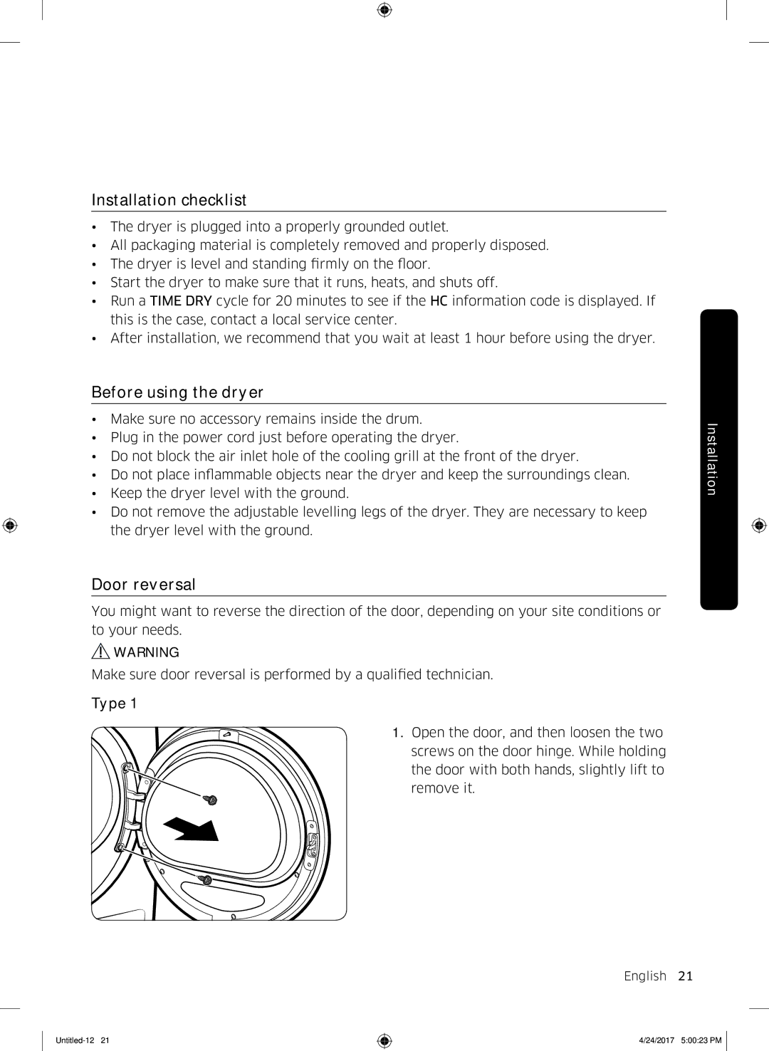 Samsung DV80M50101W/EP, DV80M5013QW/EU manual Installation checklist, Before using the dryer, Door reversal, Type 