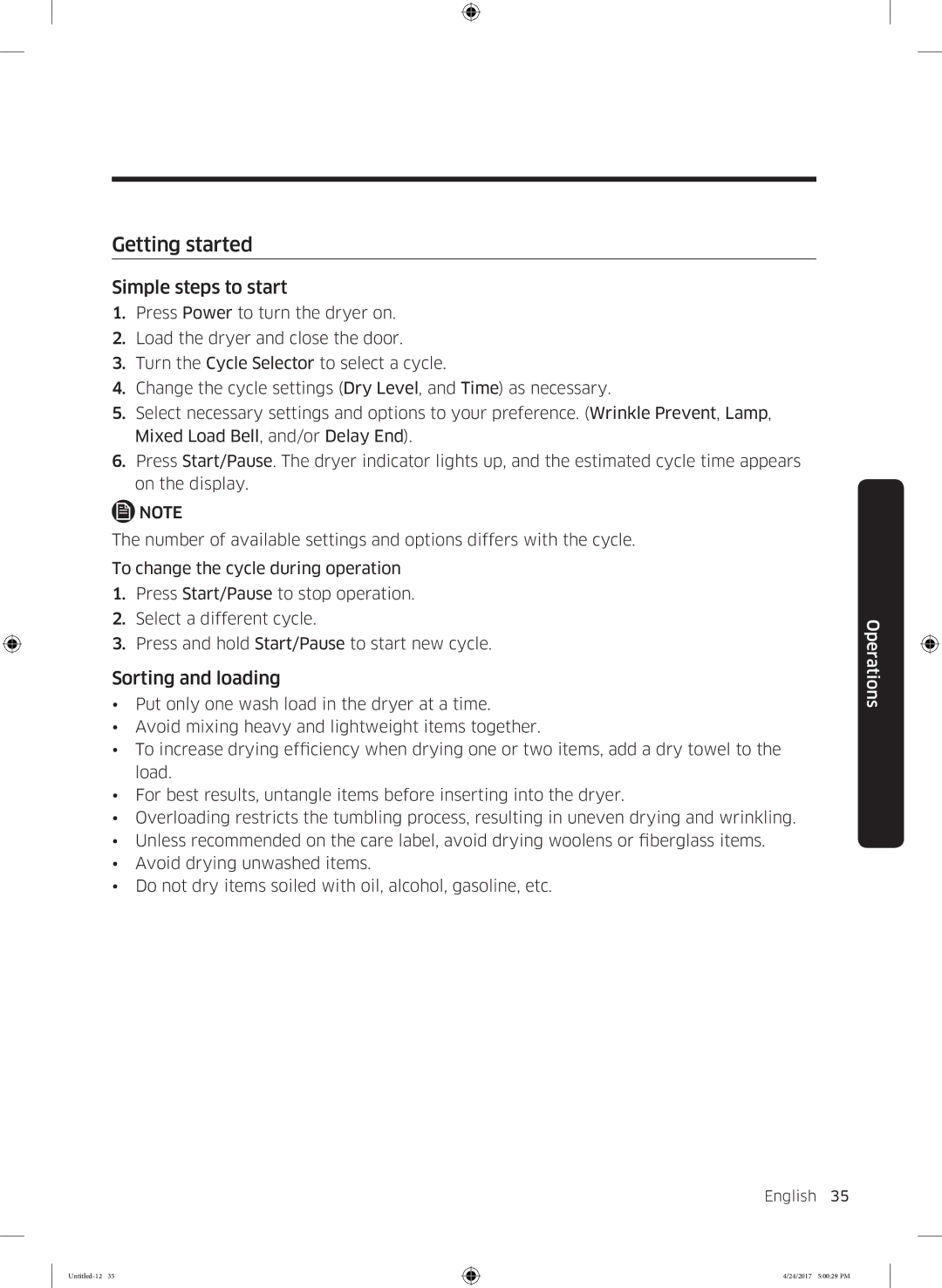 Samsung DV80M50101W/EP, DV80M5013QW/EU manual Getting started, Simple steps to start, Sorting and loading 