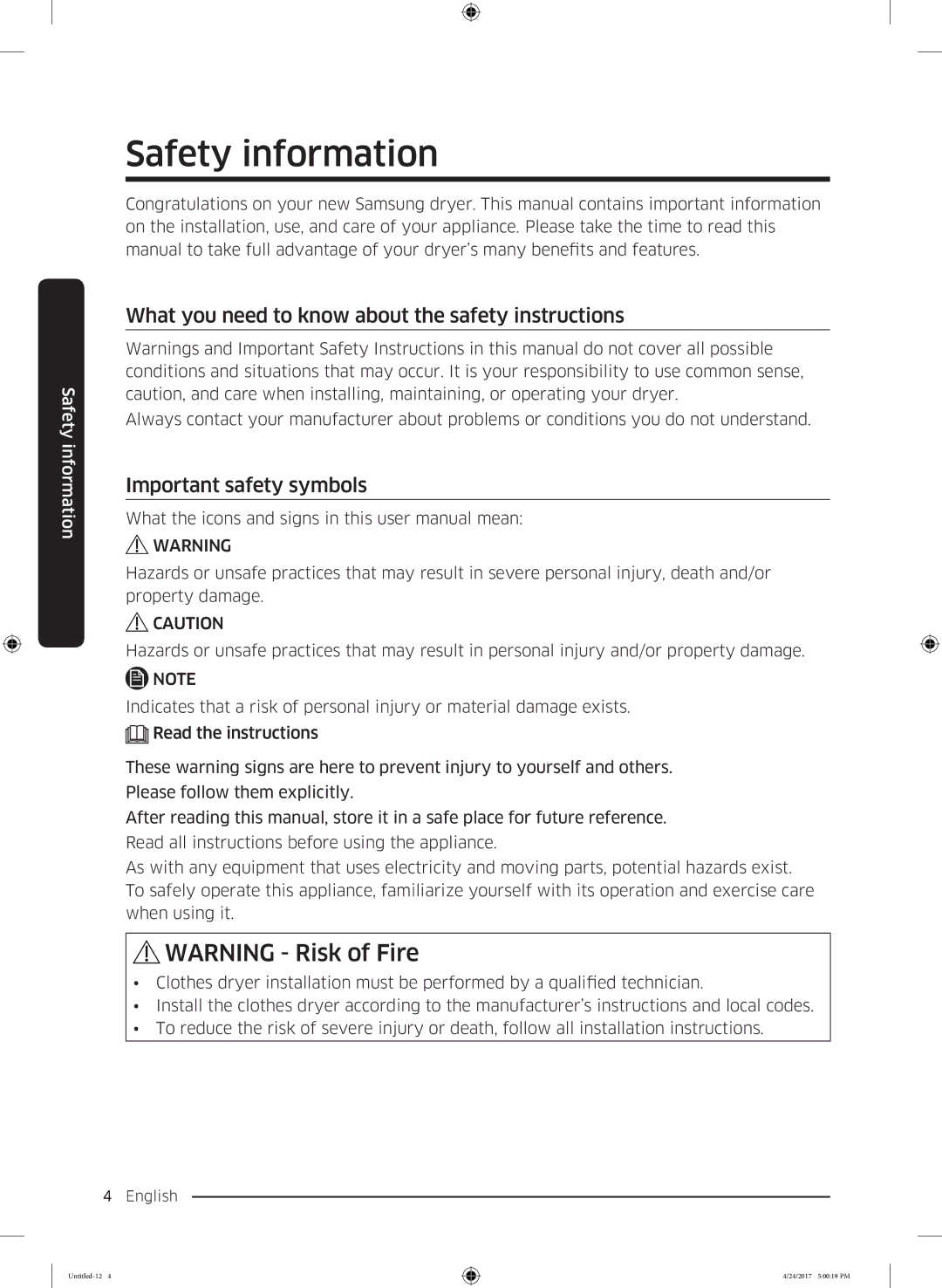 Samsung DV80M5013QW/EU Safety information, What you need to know about the safety instructions, Important safety symbols 