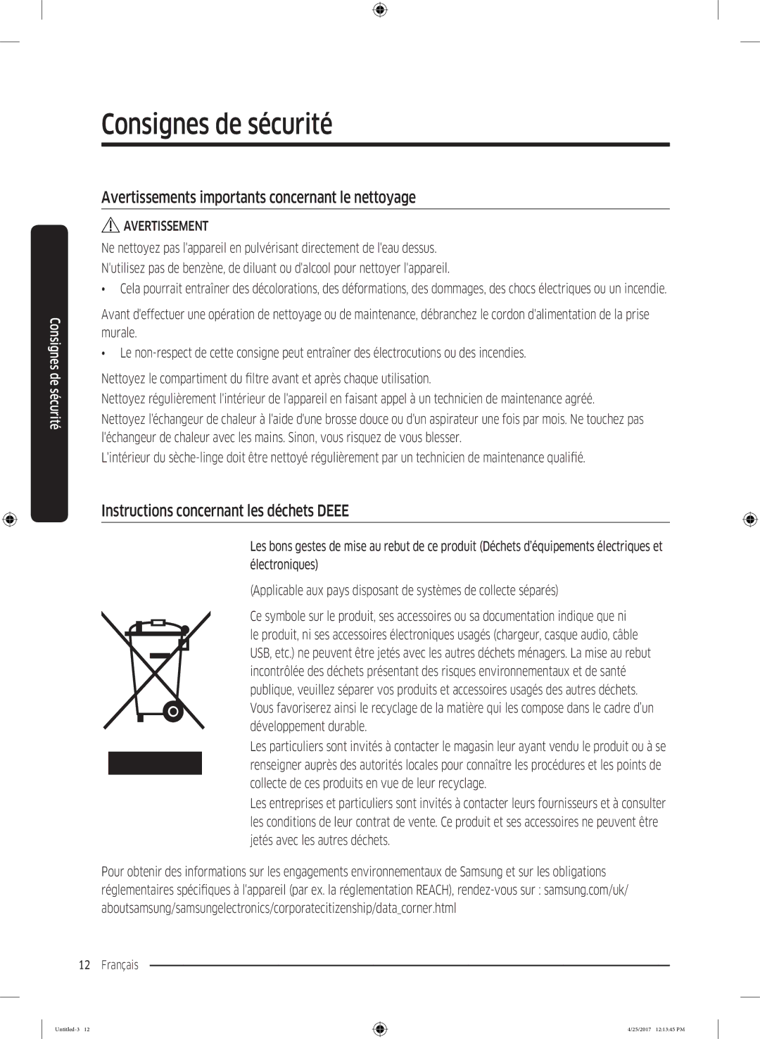 Samsung DV80M5010KW/EF manual Avertissements importants concernant le nettoyage, Instructions concernant les déchets Deee 