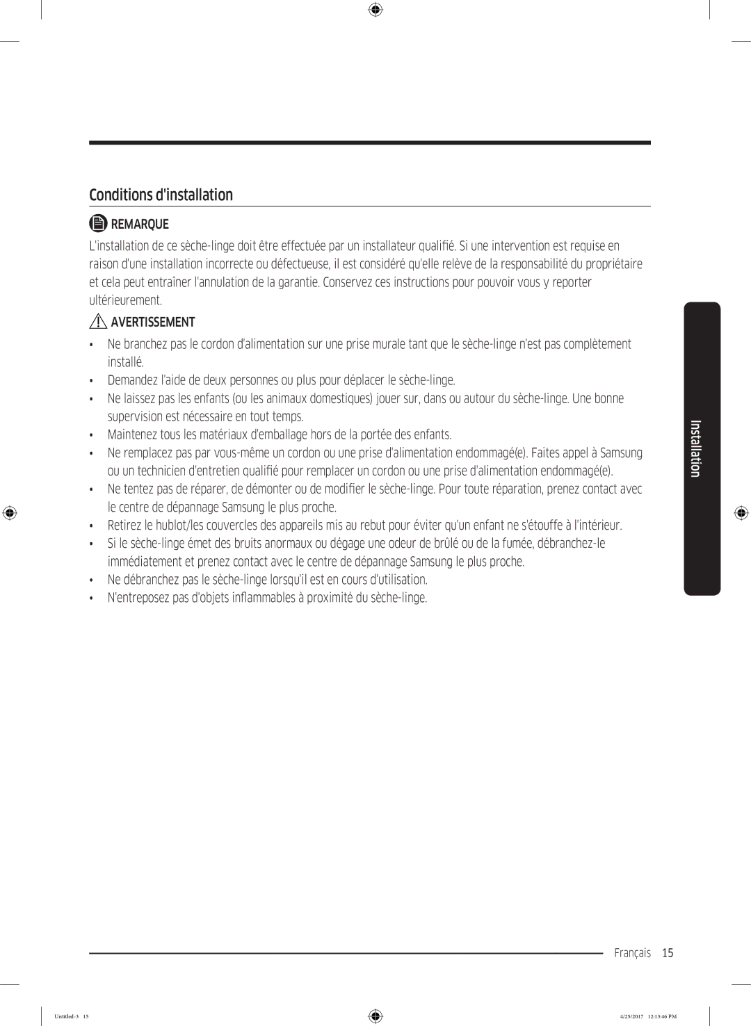 Samsung DV80M52101W/EF, DV80M52103X/EF, DV70M5020KW/EF, DV90M52001W/EF, DV80M50101W/EF manual Conditions dinstallation 