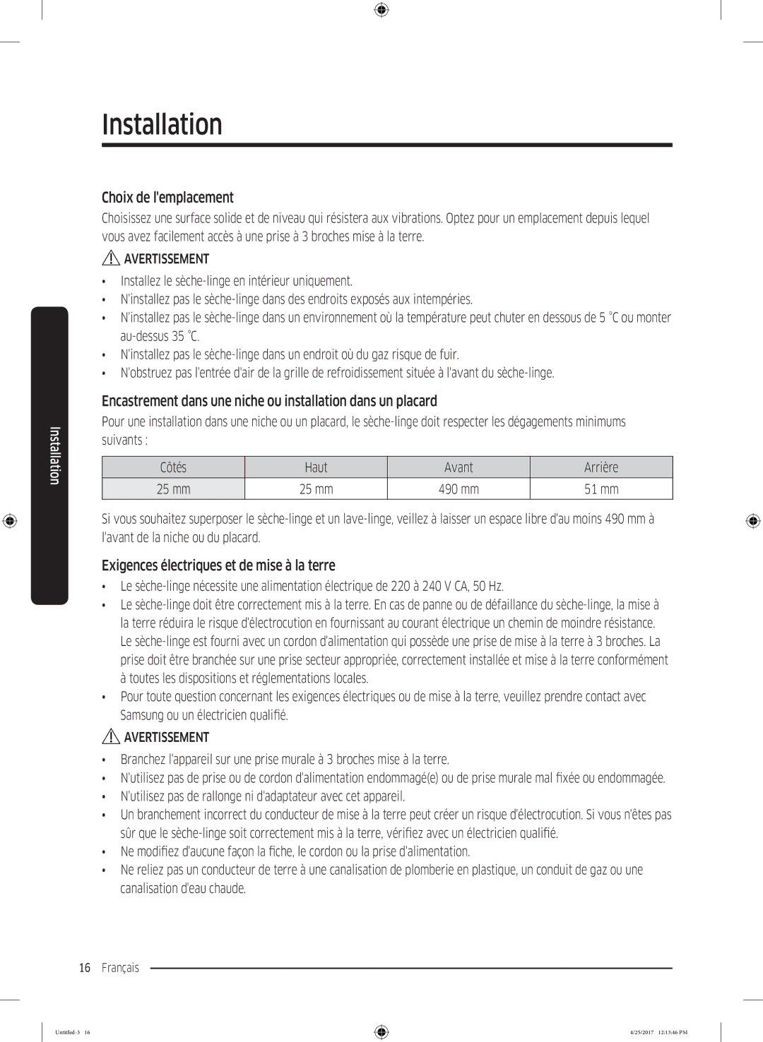 Samsung DV80M52103X/EF manual Choix de lemplacement, Encastrement dans une niche ou installation dans un placard, 51 mm 