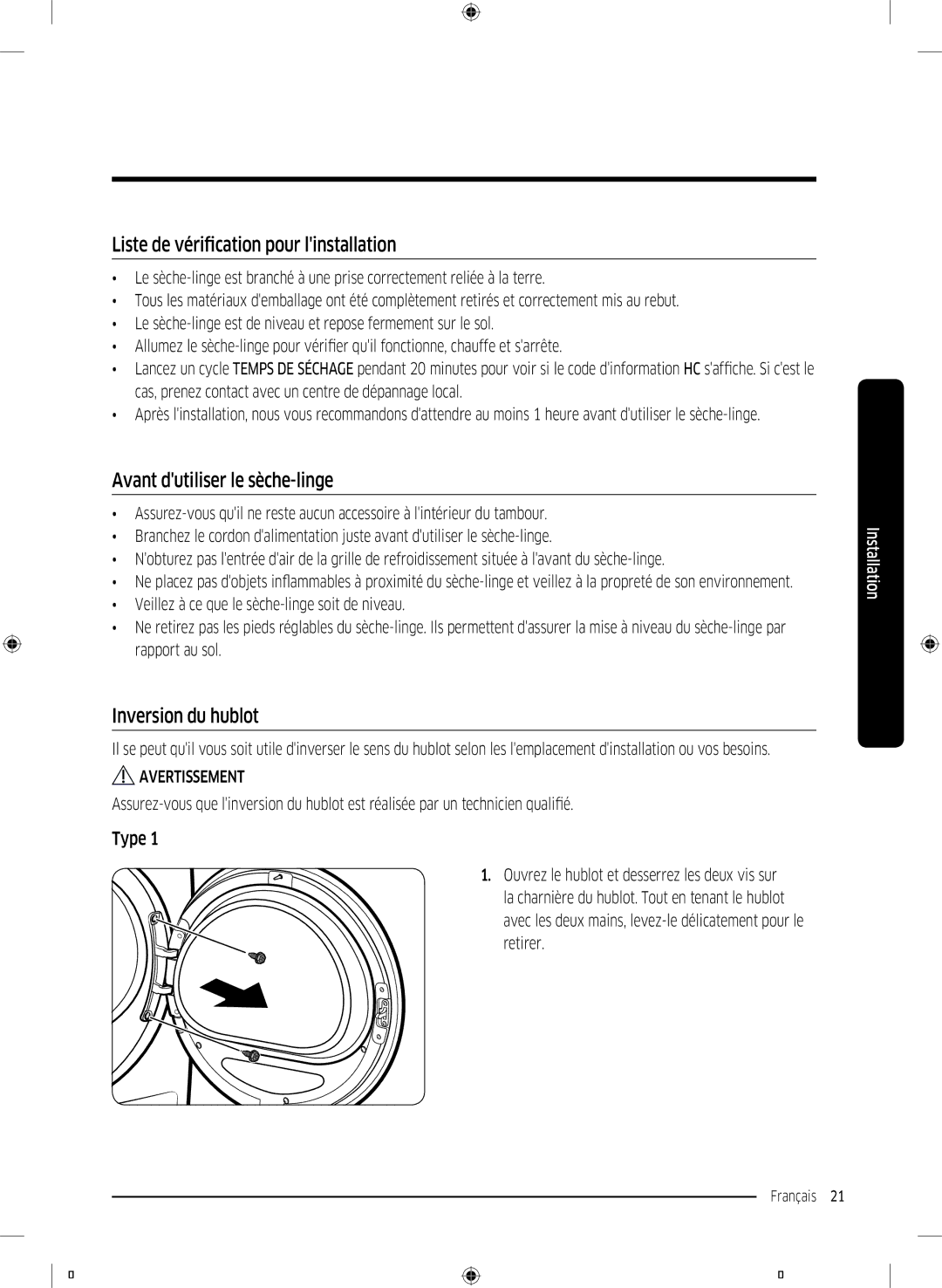 Samsung DV80M52103W/EF Liste de vérification pour linstallation, Avant dutiliser le sèche-linge, Inversion du hublot, Type 