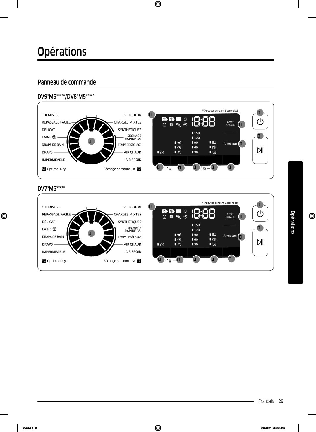 Samsung DV80M52103W/EF, DV80M52103X/EF, DV70M5020KW/EF manual Opérations, Panneau de commande, DV9*M5*****/DV8*M5 DV7*M5 