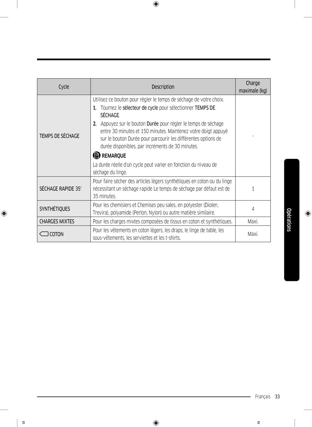 Samsung DV70M5020KW/EF, DV80M52103X/EF, DV90M52001W/EF manual Durée disponibles, par incréments de 30 minutes, Minutes 