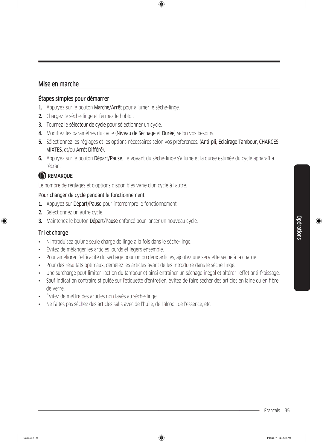 Samsung DV80M50101W/EF, DV80M52103X/EF, DV70M5020KW/EF manual Mise en marche, Étapes simples pour démarrer, Tri et charge 