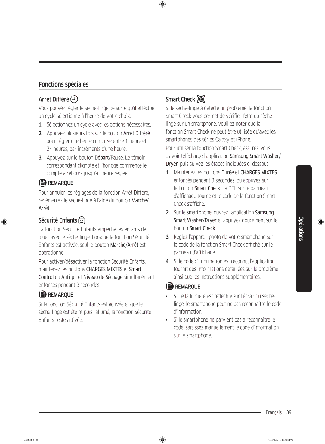 Samsung DV80M52101W/EF, DV80M52103X/EF, DV70M5020KW/EF Fonctions spéciales, Arrêt Différé, Sécurité Enfants, Smart Check 