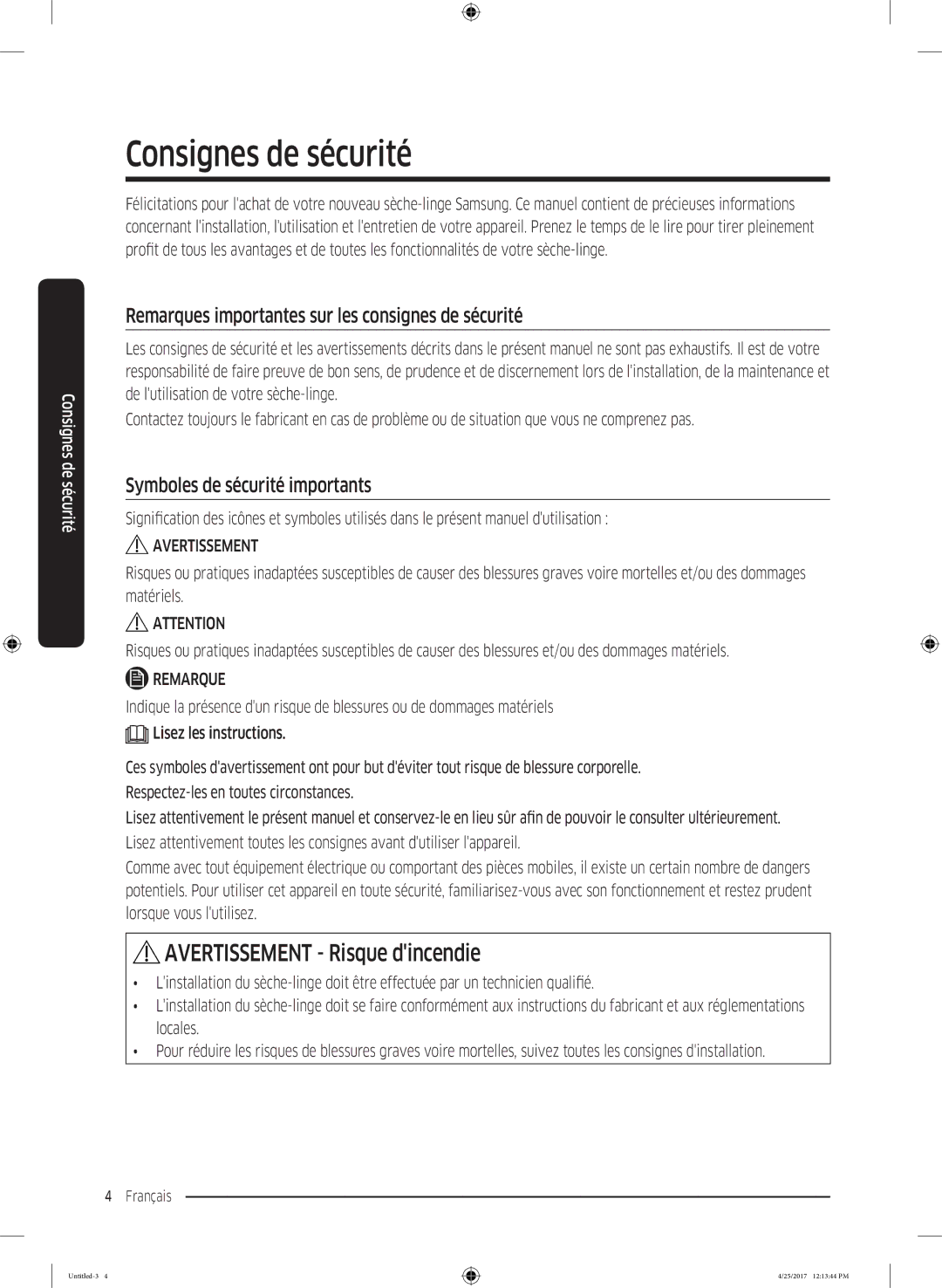 Samsung DV80M5010KW/EF, DV80M52103X/EF manual Consignes de sécurité, Remarques importantes sur les consignes de sécurité 