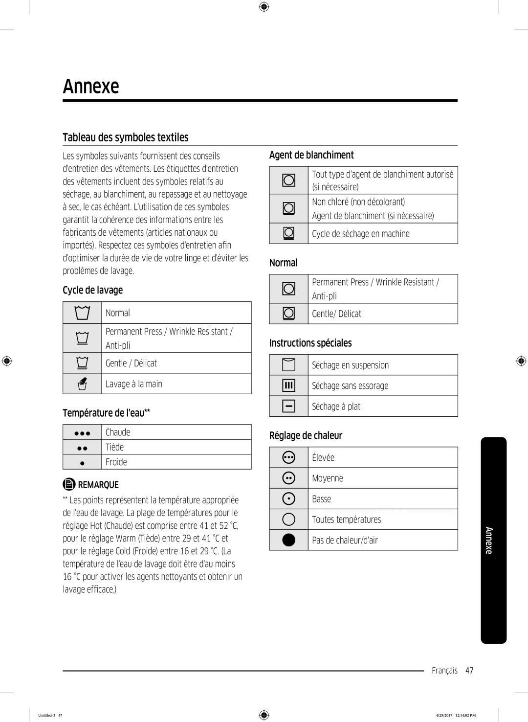 Samsung DV80M52101W/EF, DV80M52103X/EF, DV70M5020KW/EF, DV90M52001W/EF, DV80M50101W/EF Annexe, Tableau des symboles textiles 