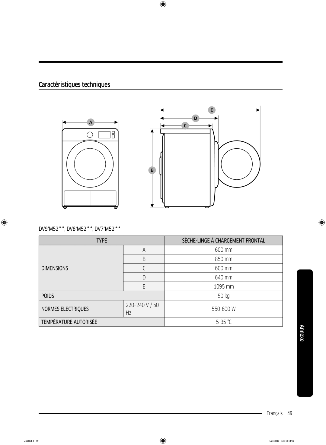 Samsung DV70M5020KW/EF, DV80M52103X/EF manual Caractéristiques techniques, DV9*M52****, DV8*M52****, DV7*M52, 220-240 V 