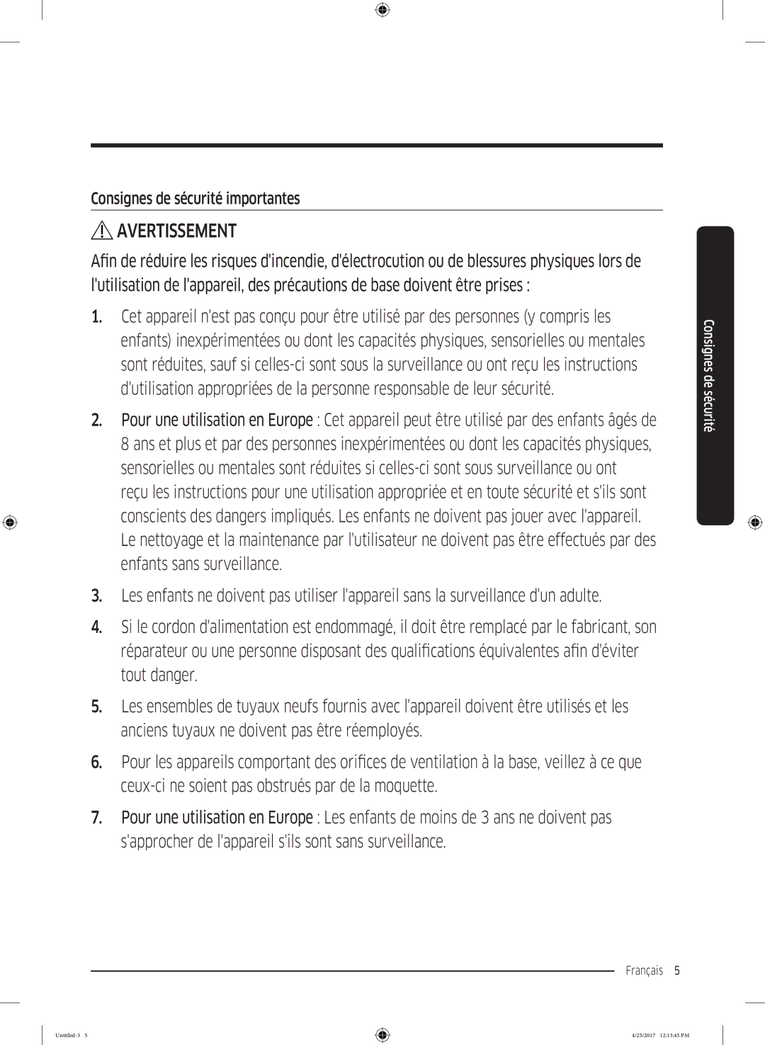 Samsung DV80M52103W/EF, DV80M52103X/EF, DV70M5020KW/EF, DV90M52001W/EF manual Avertissement, Consignes de sécurité importantes 