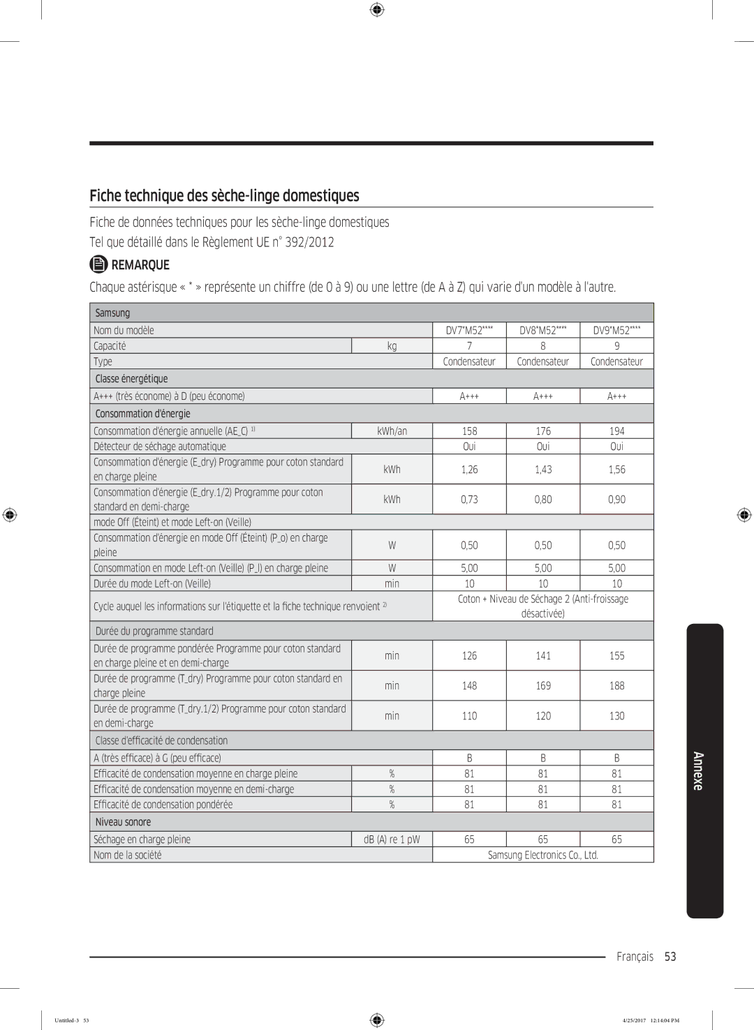 Samsung DV80M52103W/EF, DV80M52103X/EF manual Fiche technique des sèche-linge domestiques, Détecteur de séchage automatique 