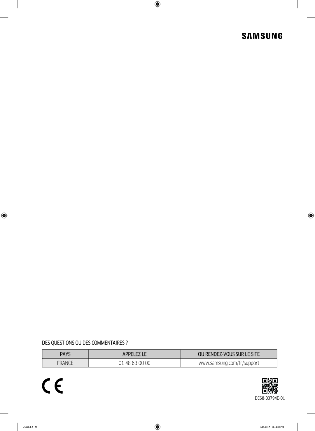 Samsung DV80M52103X/EF, DV70M5020KW/EF, DV90M52001W/EF, DV80M50101W/EF, DV80M5010KW/EF, DV80M52103W/EF manual 01 48 63 00 