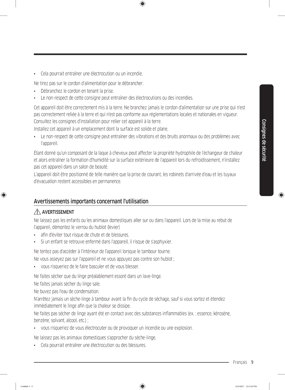 Samsung DV70M5020KW/EF, DV80M52103X/EF, DV90M52001W/EF, DV80M50101W/EF Avertissements importants concernant lutilisation 