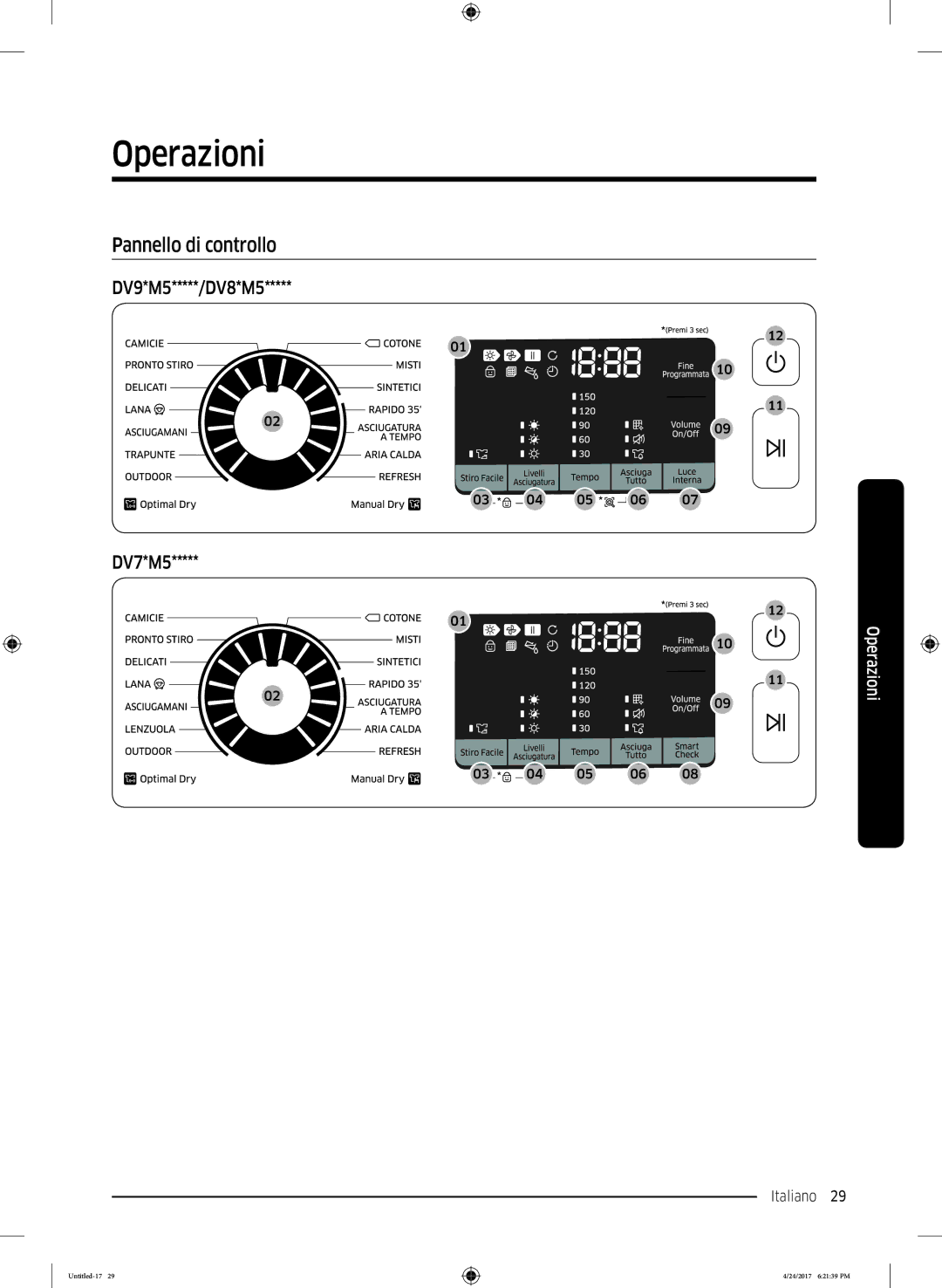 Samsung DV90M5000QW/ET, DV80M5210IW/ET, DV80M50101W/ET manual Operazioni, Pannello di controllo, DV9*M5*****/DV8*M5 DV7*M5 