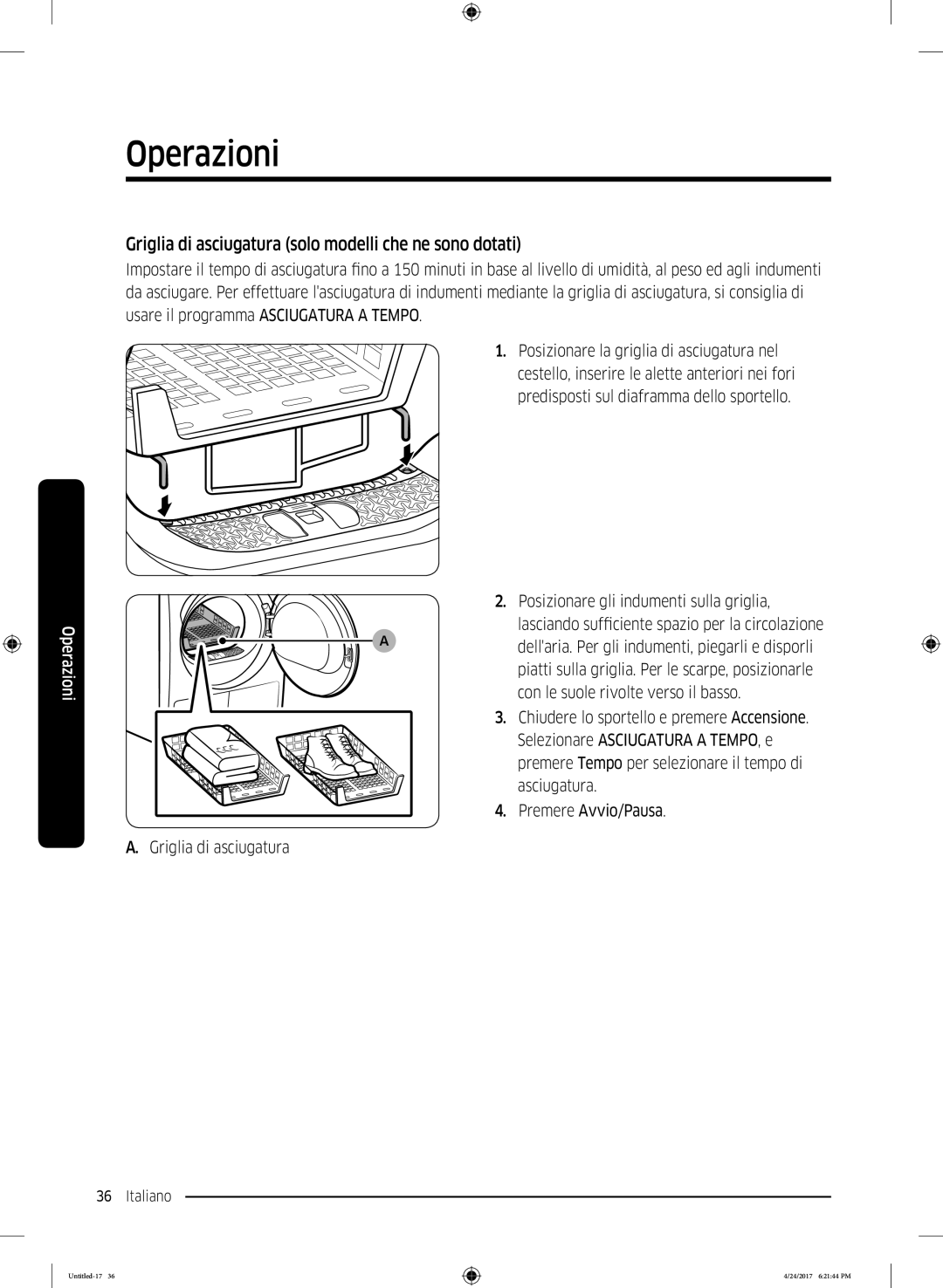 Samsung DV80M50101W/ET, DV80M5210IW/ET, DV70M5220IW/ET manual Griglia di asciugatura solo modelli che ne sono dotati 