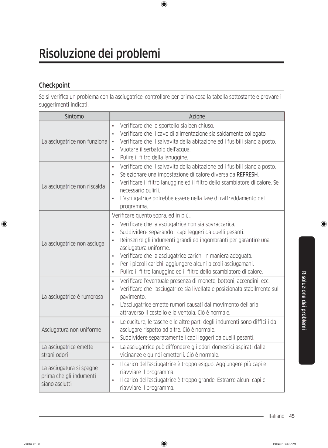 Samsung DV80M5210IW/ET, DV80M50101W/ET, DV70M5220IW/ET, DV70M50201W/ET, DV90M5000QW/ET Risoluzione dei problemi, Checkpoint 