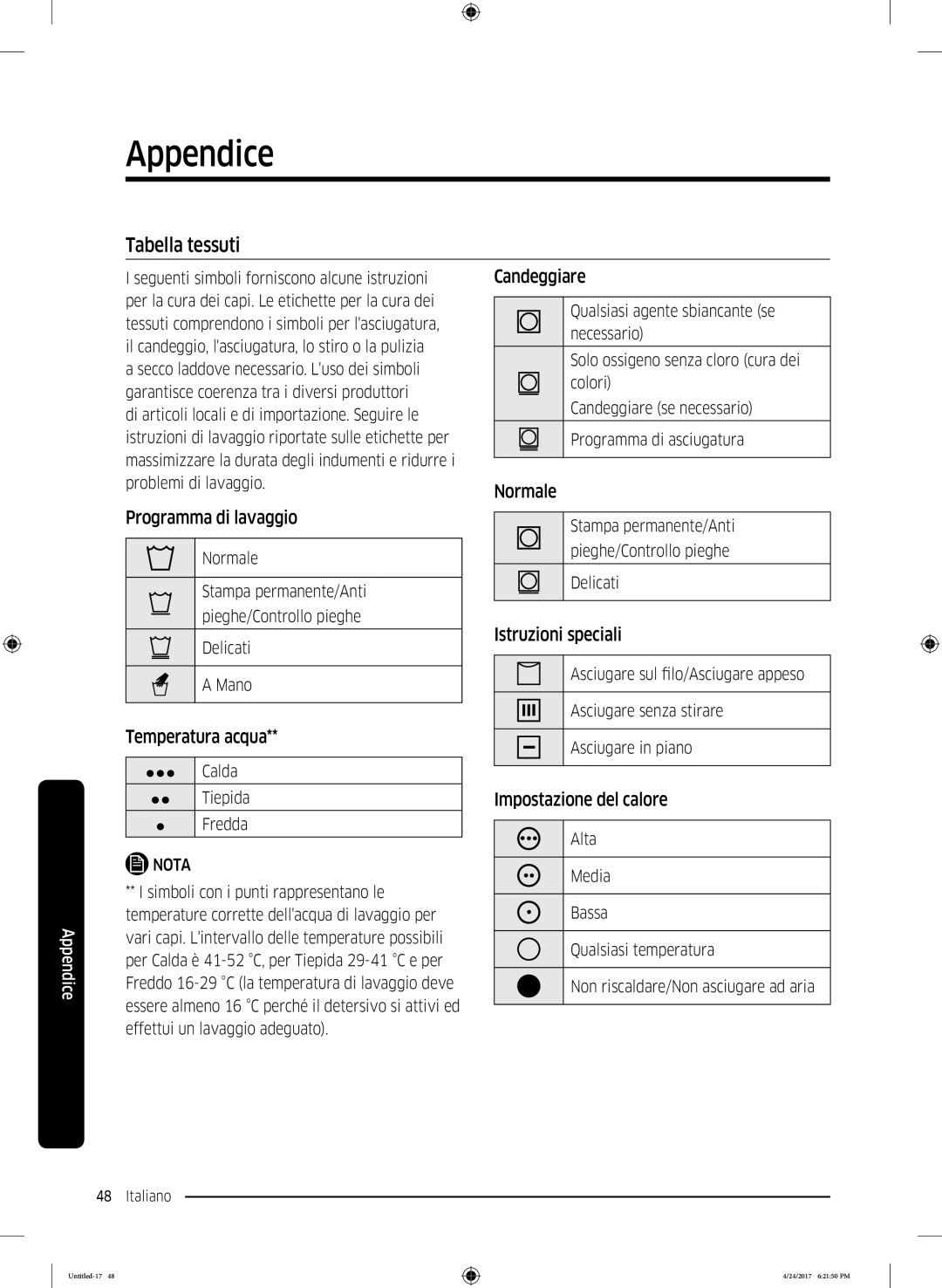 Samsung DV70M50201W/ET, DV80M5210IW/ET, DV80M50101W/ET, DV70M5220IW/ET, DV90M5000QW/ET manual Appendice, Tabella tessuti 