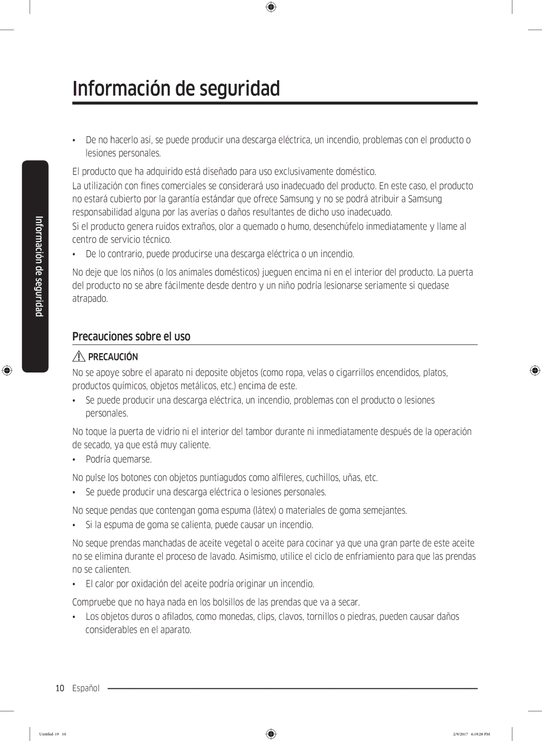 Samsung DV80M6210CW/EC, DV90M6200CW/EC manual Precauciones sobre el uso 