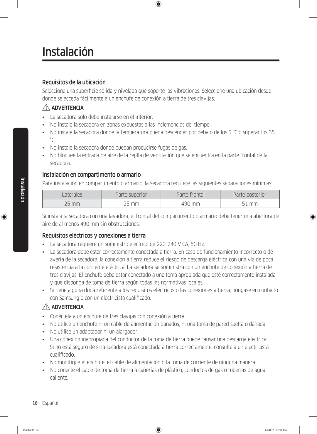 Samsung DV80M6210CW/EC, DV90M6200CW/EC manual Requisitos de la ubicación, Instalación en compartimento o armario 