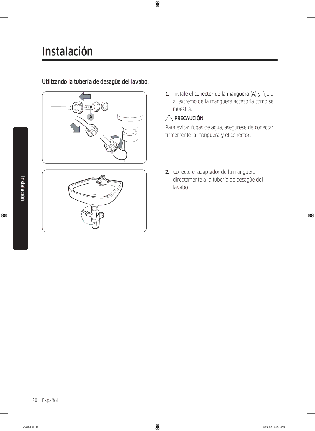 Samsung DV80M6210CW/EC, DV90M6200CW/EC manual Utilizando la tubería de desagüe del lavabo 