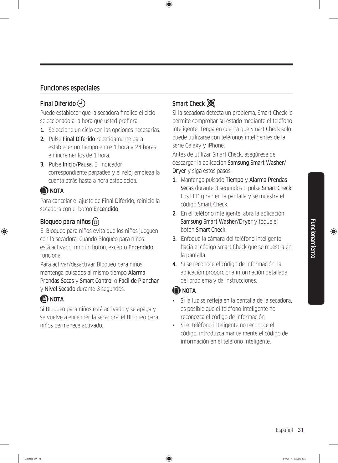 Samsung DV90M6200CW/EC, DV80M6210CW/EC manual Funciones especiales, Final Diferido, Bloqueo para niños, Smart Check 