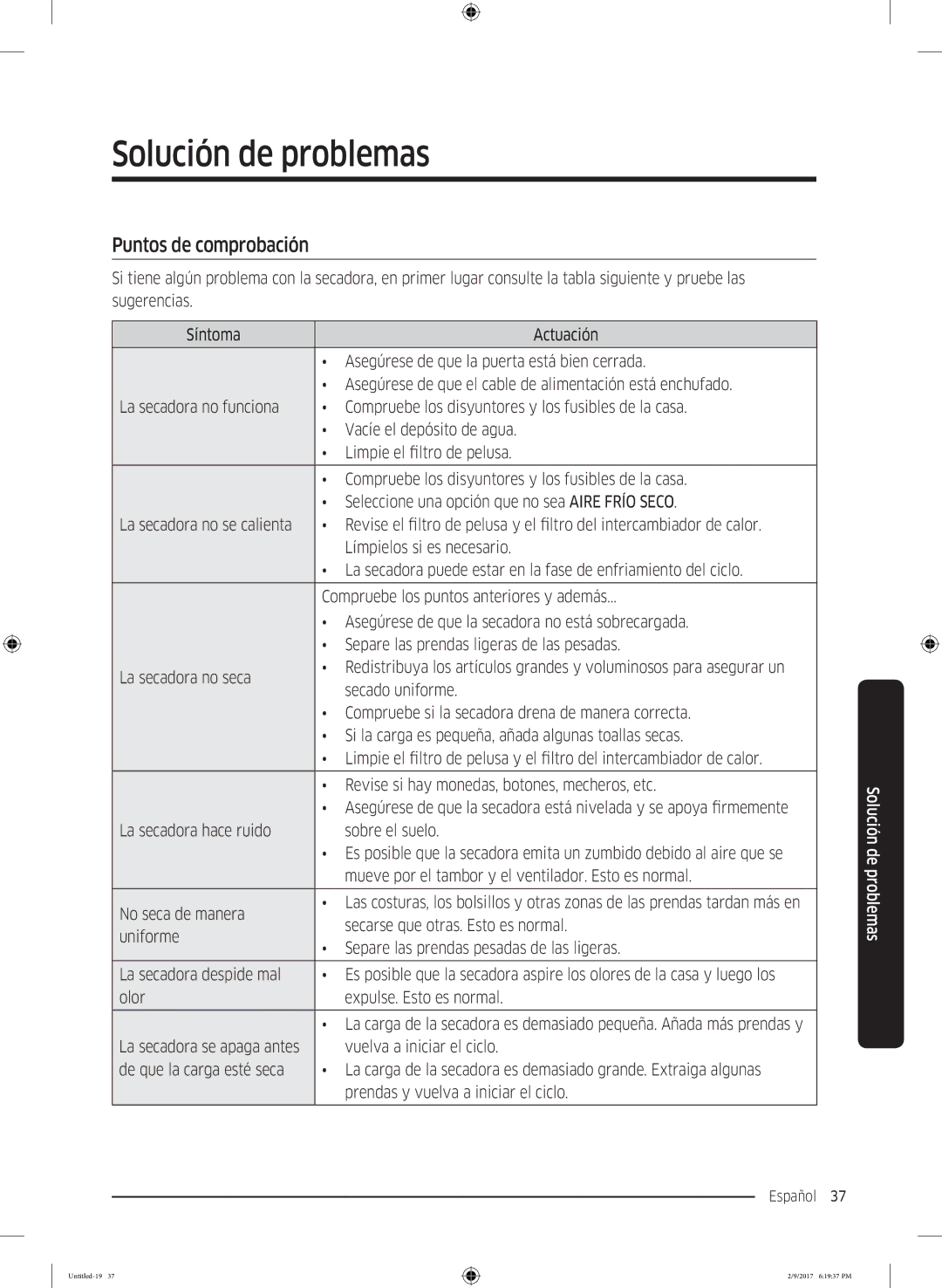 Samsung DV90M6200CW/EC, DV80M6210CW/EC manual Solución de problemas, Puntos de comprobación 