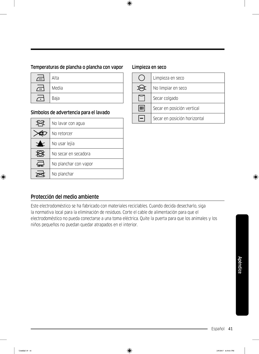 Samsung DV90M6200CW/EC manual Protección del medio ambiente, Temperaturas de plancha o plancha con vapor, Limpieza en seco 