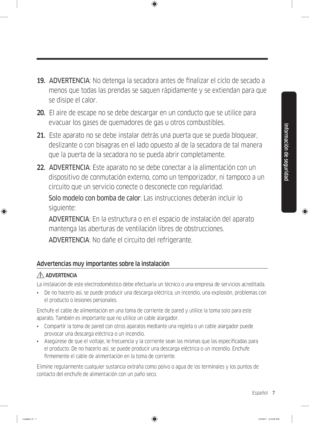 Samsung DV90M6200CW/EC, DV80M6210CW/EC manual Advertencias muy importantes sobre la instalación 