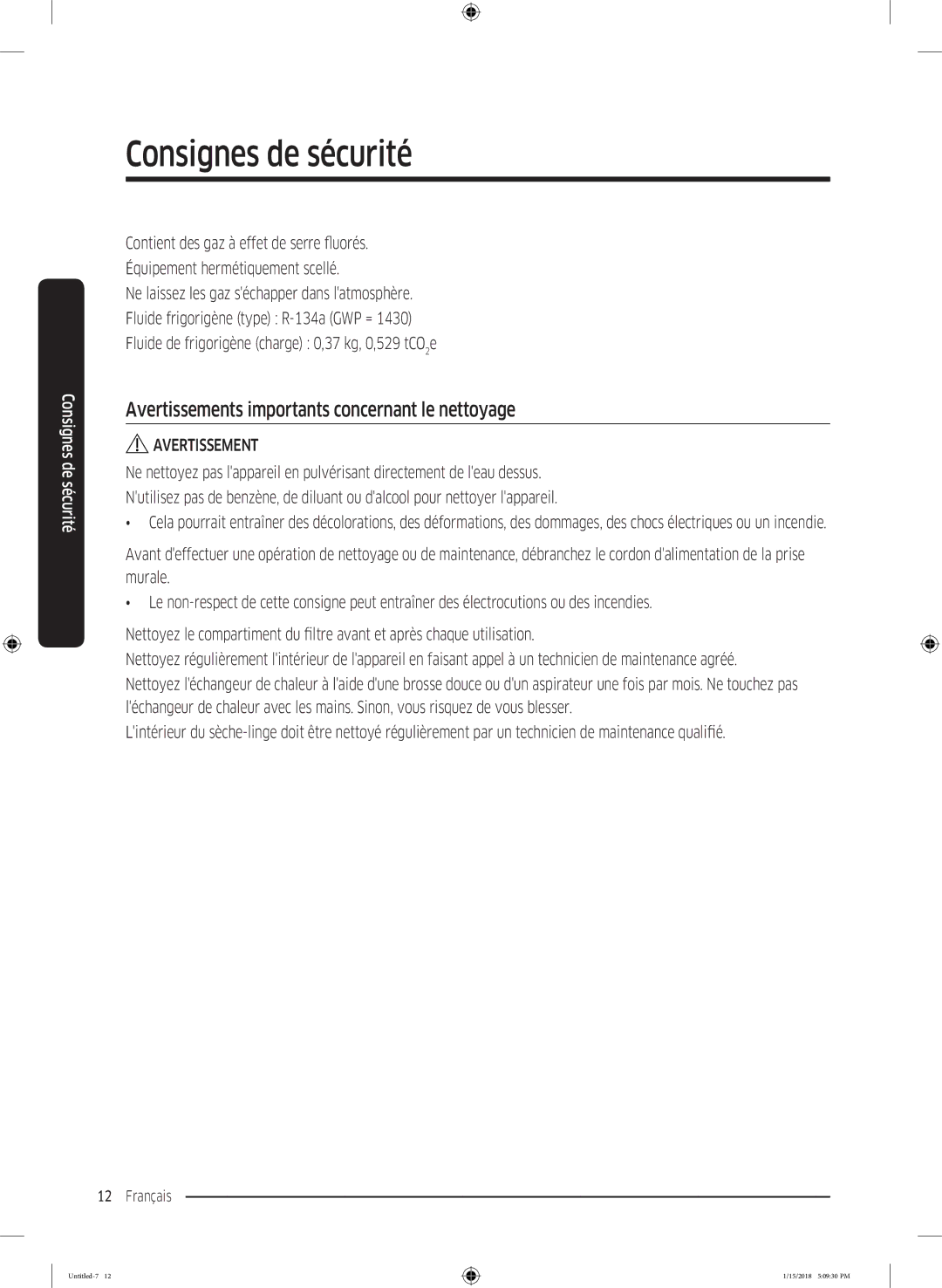 Samsung DV80N62532W/EF, DV90N62632W/EF, DV90N8289AW/EF manual Avertissements importants concernant le nettoyage 