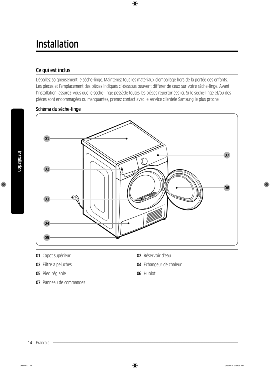 Samsung DV90N8289AW/EF Installation, Ce qui est inclus, Schéma du sèche-linge, Pied réglable Hublot Panneau de commandes 