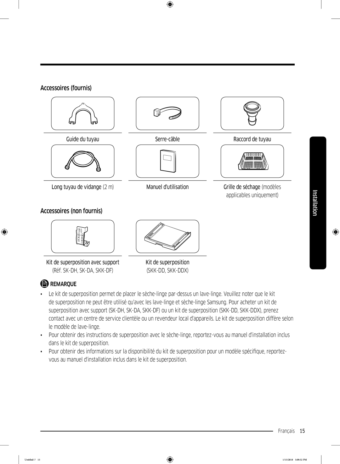 Samsung DV80N62532W/EF, DV90N62632W/EF manual Accessoires fournis, Accessoires non fournis, Guide du tuyau Serre-câble 