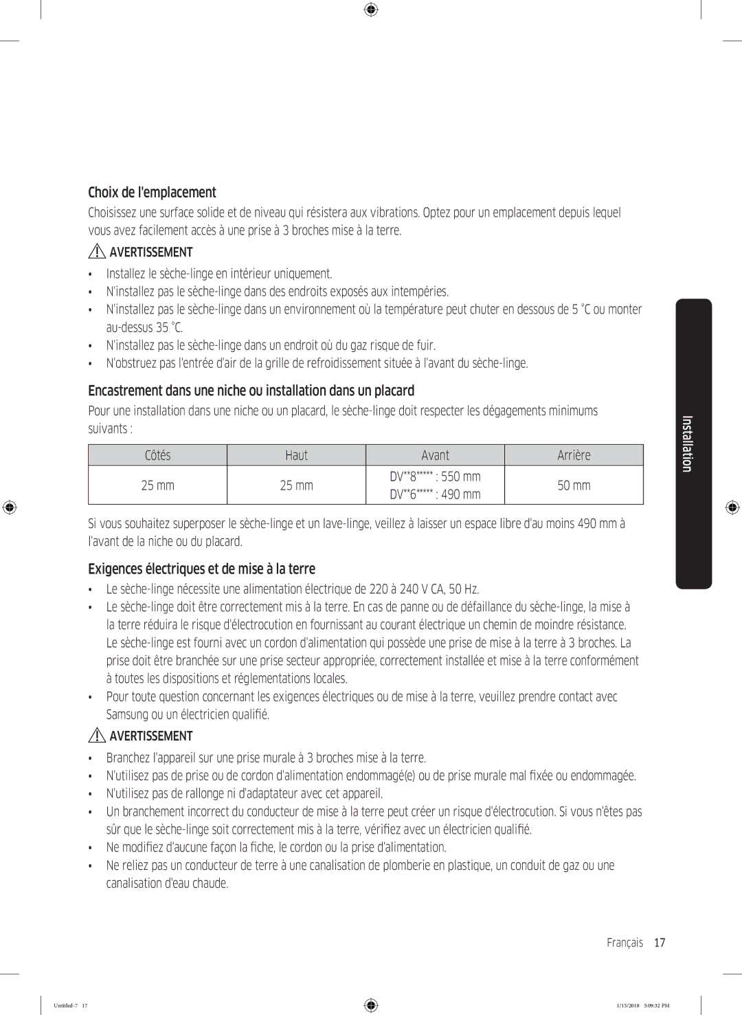 Samsung DV90N8289AW/EF manual Choix de lemplacement, Encastrement dans une niche ou installation dans un placard, 50 mm 