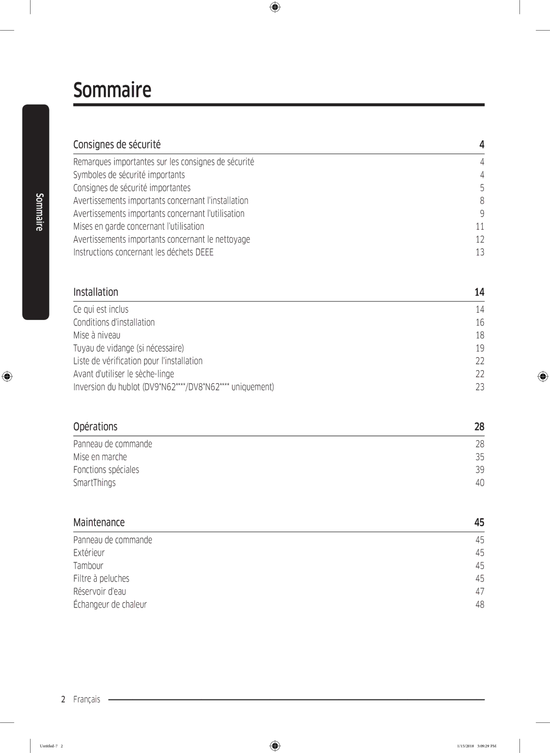Samsung DV90N8289AW/EF, DV80N62532W/EF manual Sommaire, Consignes de sécurité, Installation, Opérations, Maintenance 