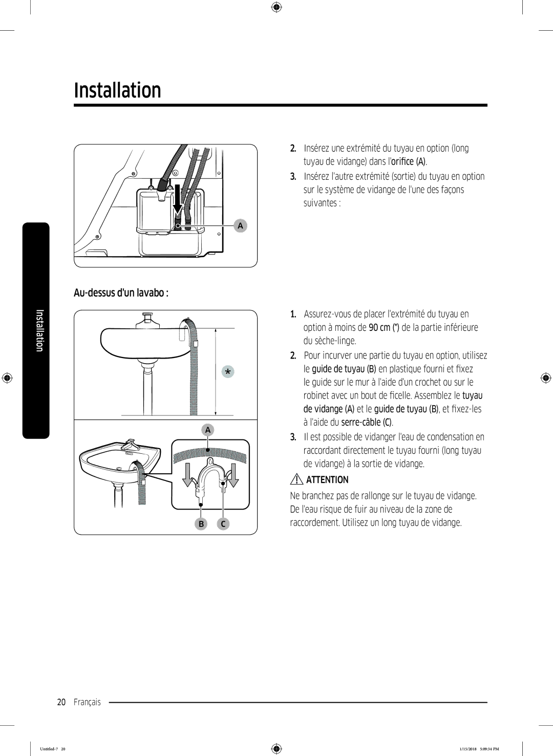 Samsung DV90N8289AW/EF, DV80N62532W/EF, DV90N62632W/EF manual Au-dessus dun lavabo 