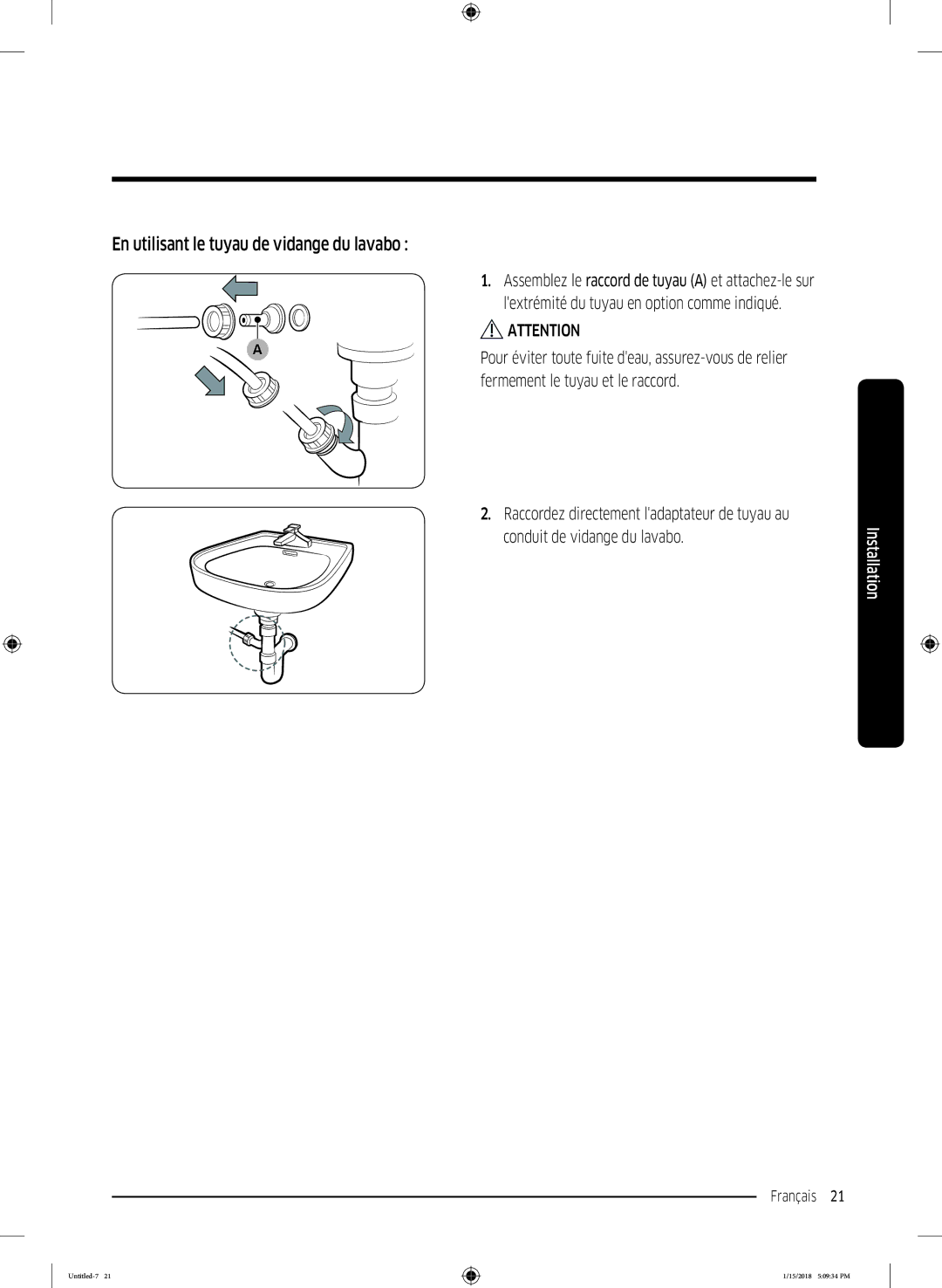 Samsung DV80N62532W/EF, DV90N62632W/EF, DV90N8289AW/EF manual En utilisant le tuyau de vidange du lavabo 