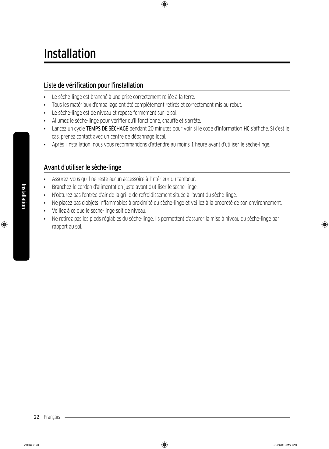 Samsung DV90N62632W/EF, DV80N62532W/EF manual Liste de vérification pour linstallation, Avant dutiliser le sèche-linge 