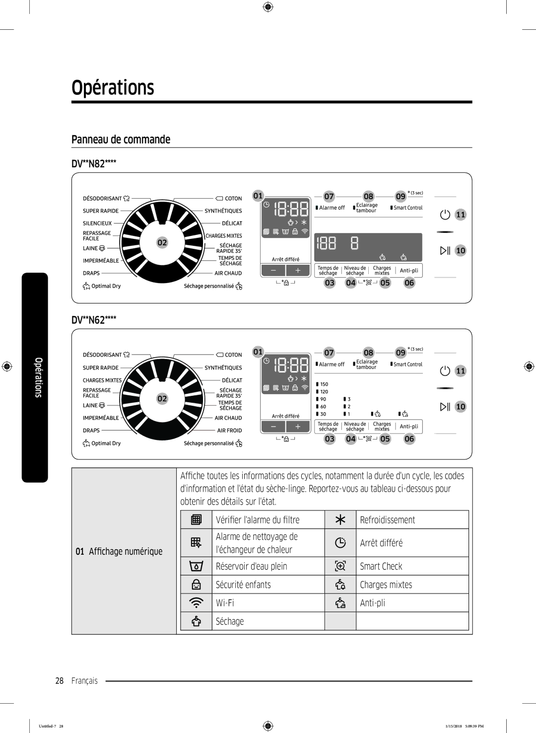 Samsung DV90N62632W/EF, DV80N62532W/EF, DV90N8289AW/EF manual Opérations, Panneau de commande, DV**N82 DV**N62 