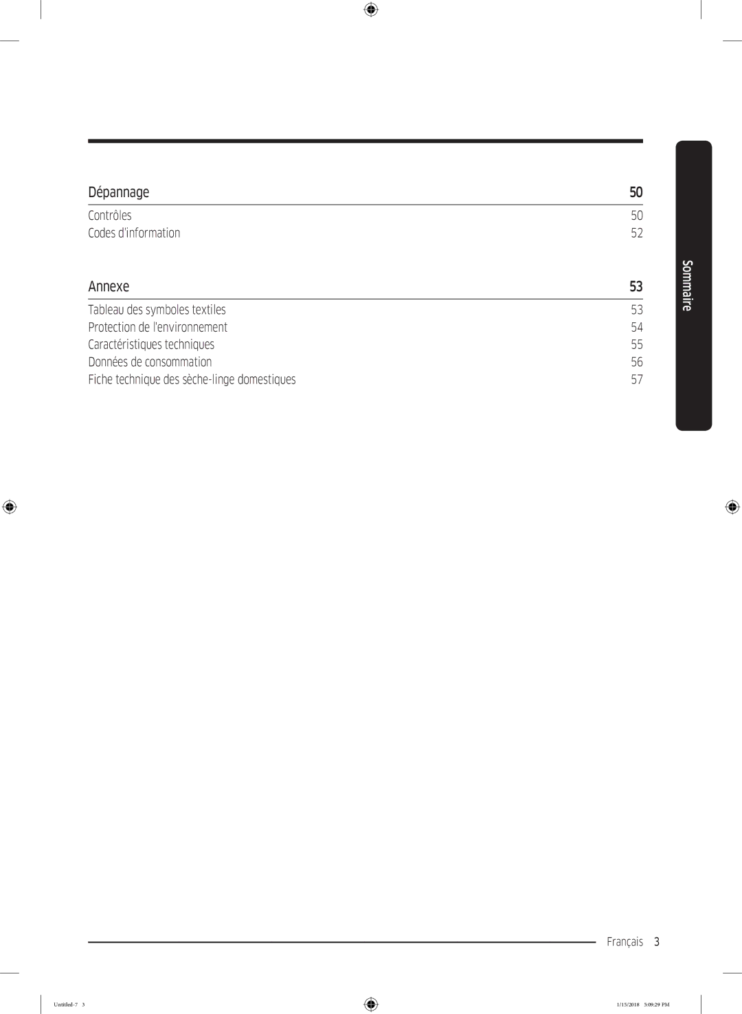 Samsung DV80N62532W/EF manual Dépannage, Annexe, Contrôles Codes dinformation, Fiche technique des sèche-linge domestiques 