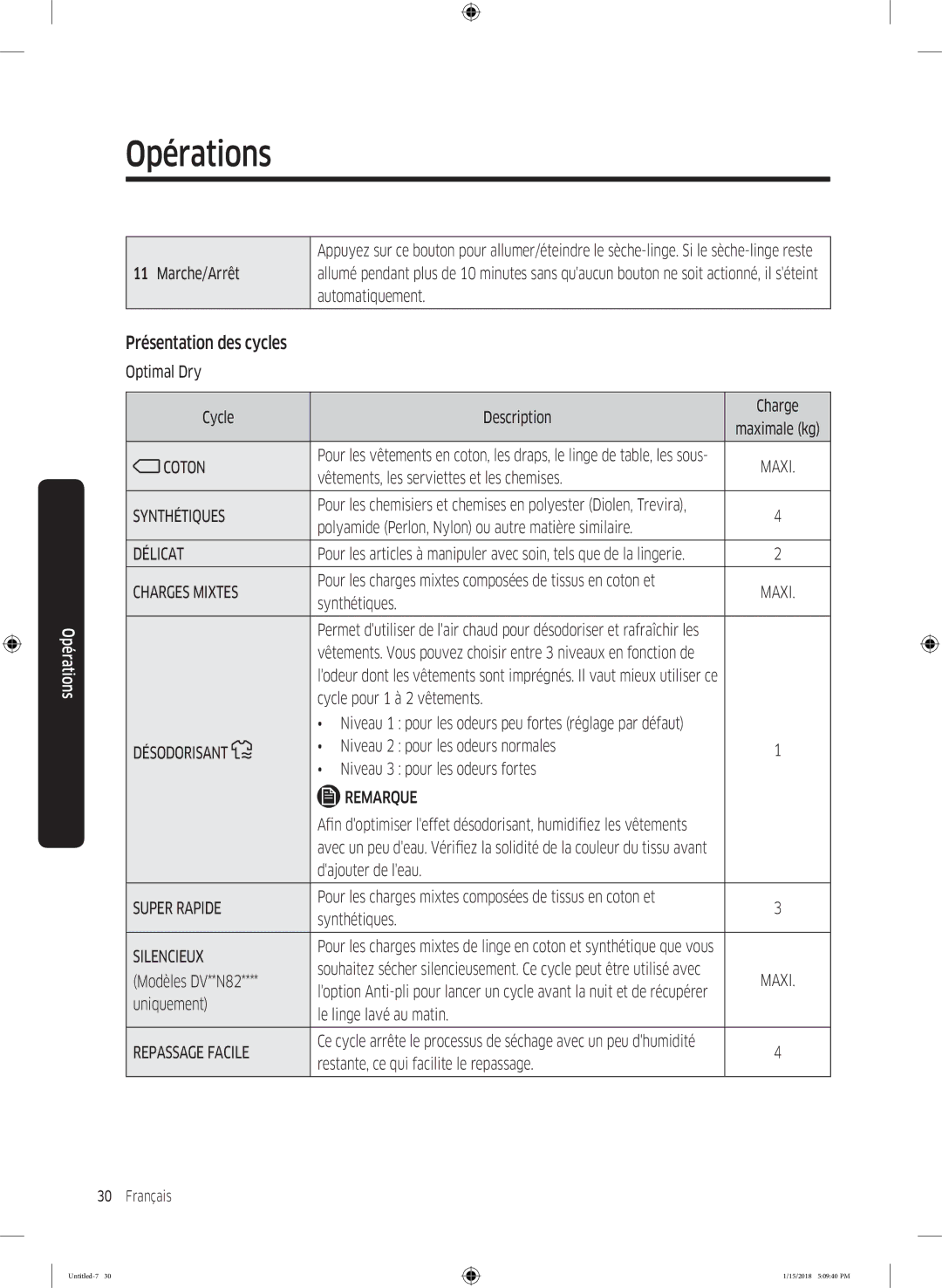 Samsung DV80N62532W/EF, DV90N62632W/EF, DV90N8289AW/EF manual Présentation des cycles 