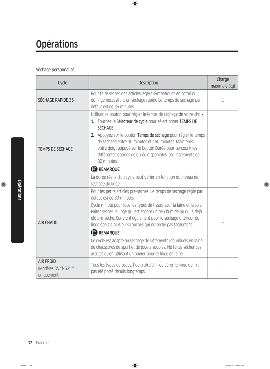 Samsung DV90N8289AW/EF Séchage personnalisé Cycle Description Charge, Défaut est de 35 minutes, Minutes, Séchage du linge 