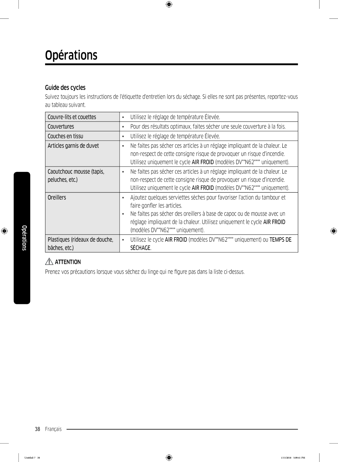 Samsung DV90N8289AW/EF, DV80N62532W/EF, DV90N62632W/EF manual Guide des cycles 