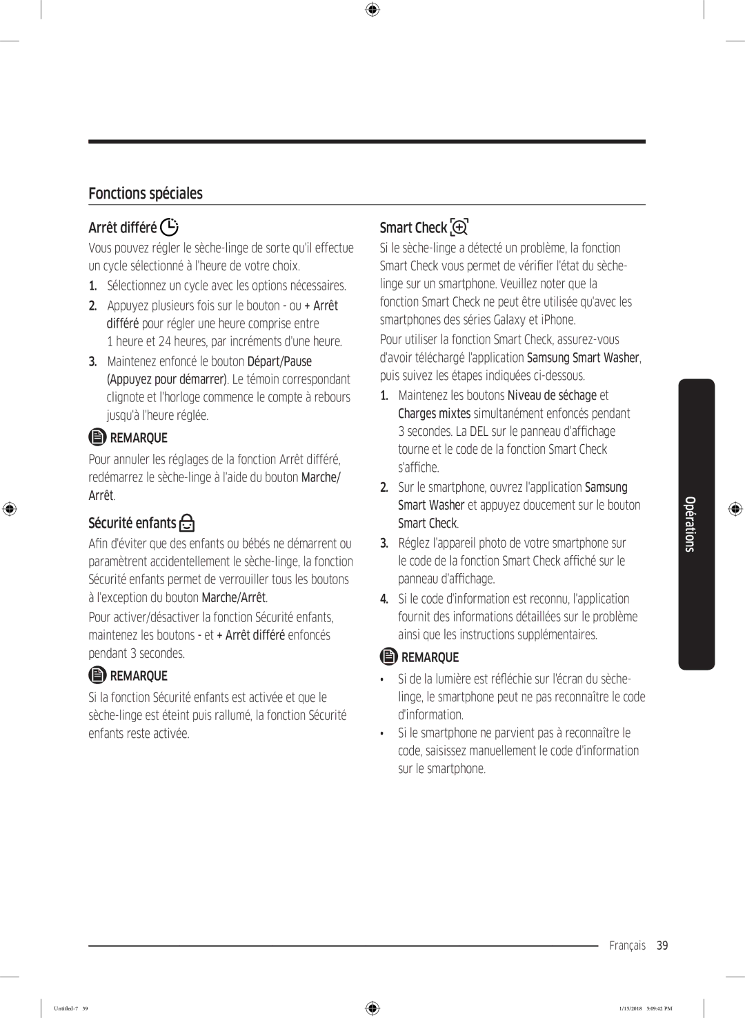 Samsung DV80N62532W/EF, DV90N62632W/EF, DV90N8289AW/EF Fonctions spéciales, Arrêt différé, Sécurité enfants, Smart Check 